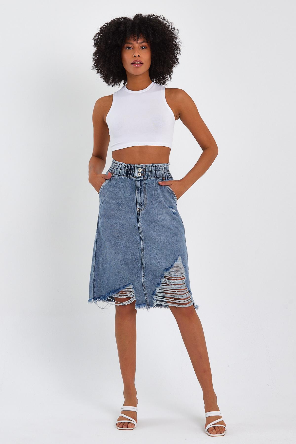 ÖZEL KOLEKSİYON UZUN YIRTIK DETAYLI DENİM ETEK