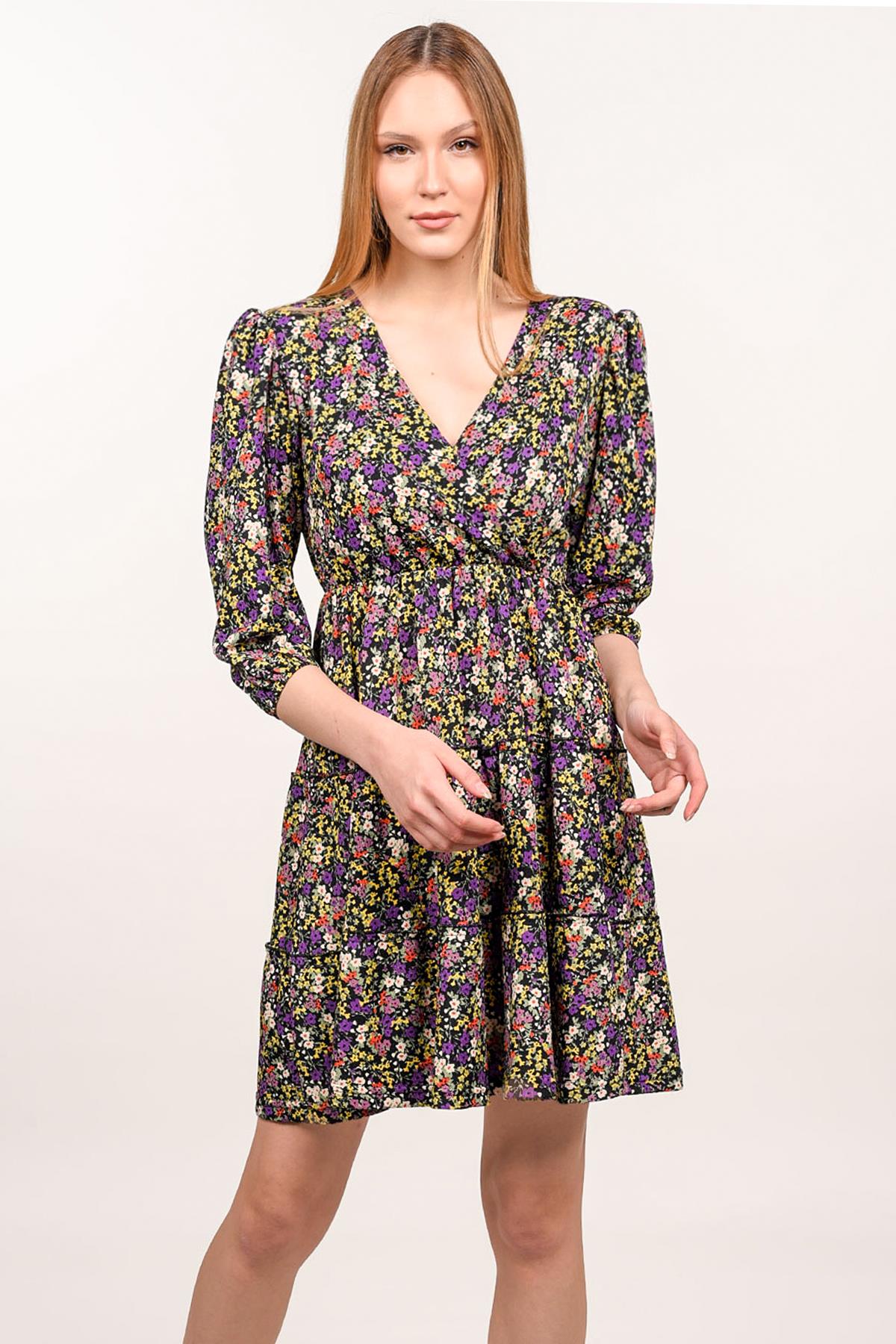 ÇİÇEK DESENLİ KRUVAZE YAKA ELBİSE