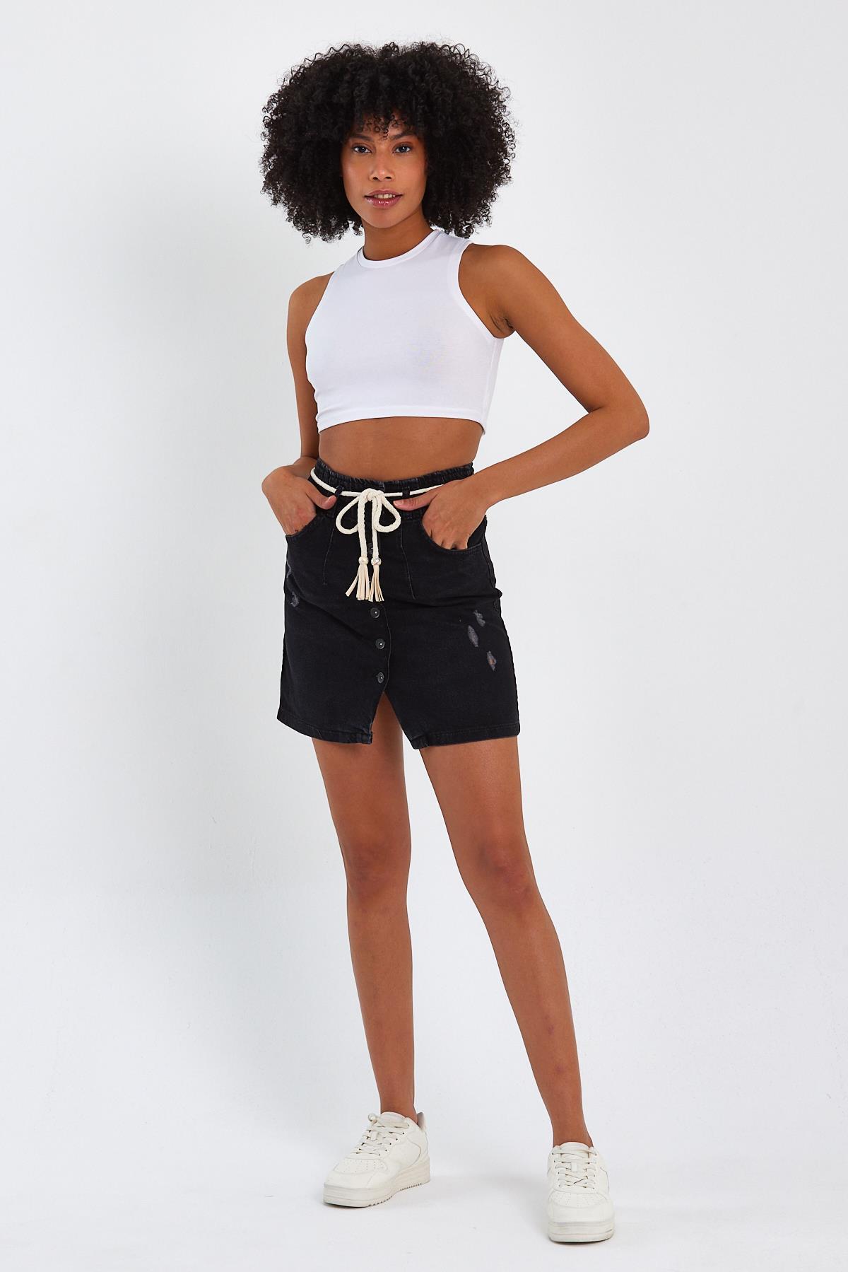 ÖZEL KOLEKSİYON DÜĞME DETAYLI DENİM ETEK