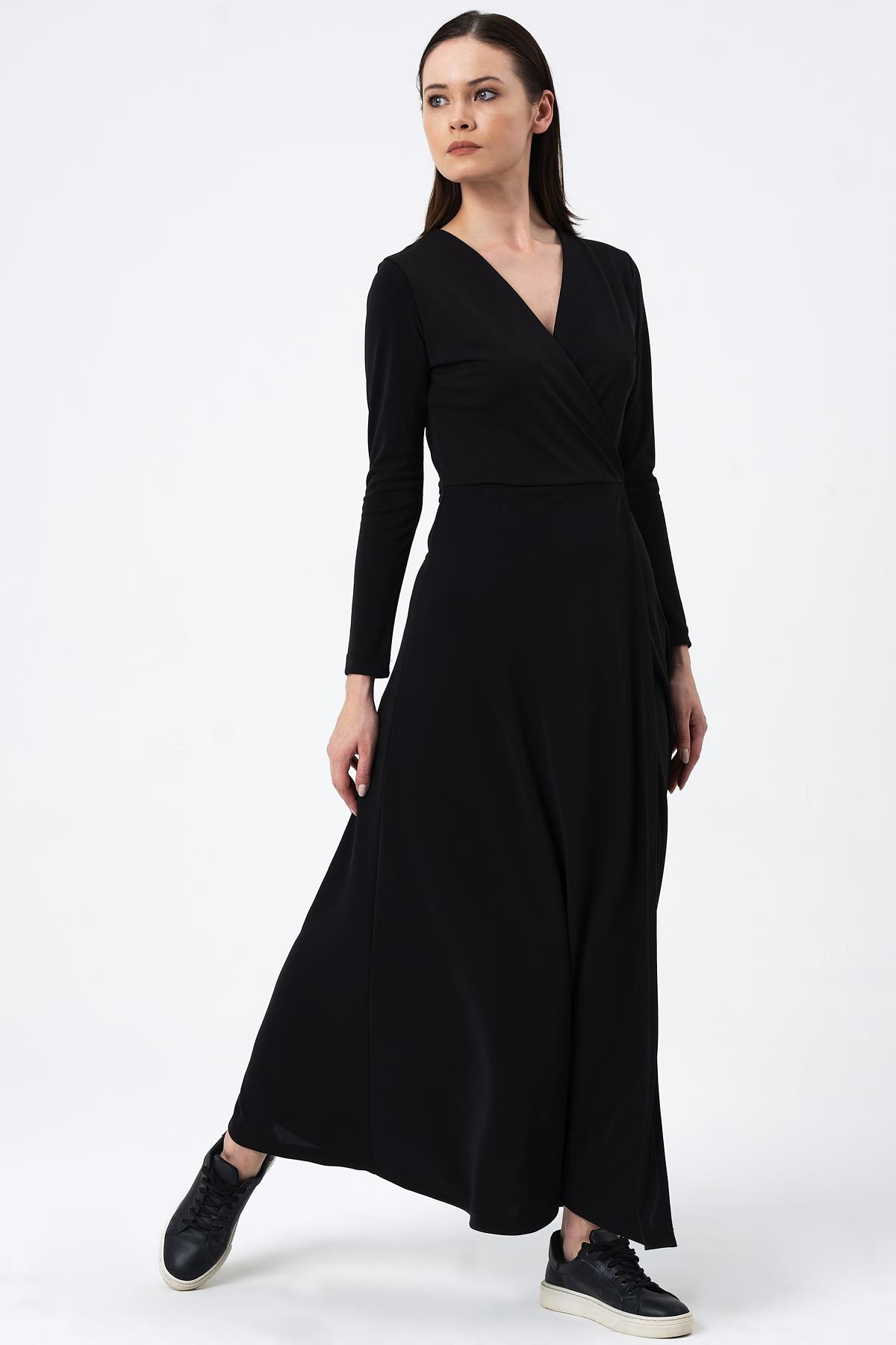 KRUVAZE YAKA UZUN ELBİSE