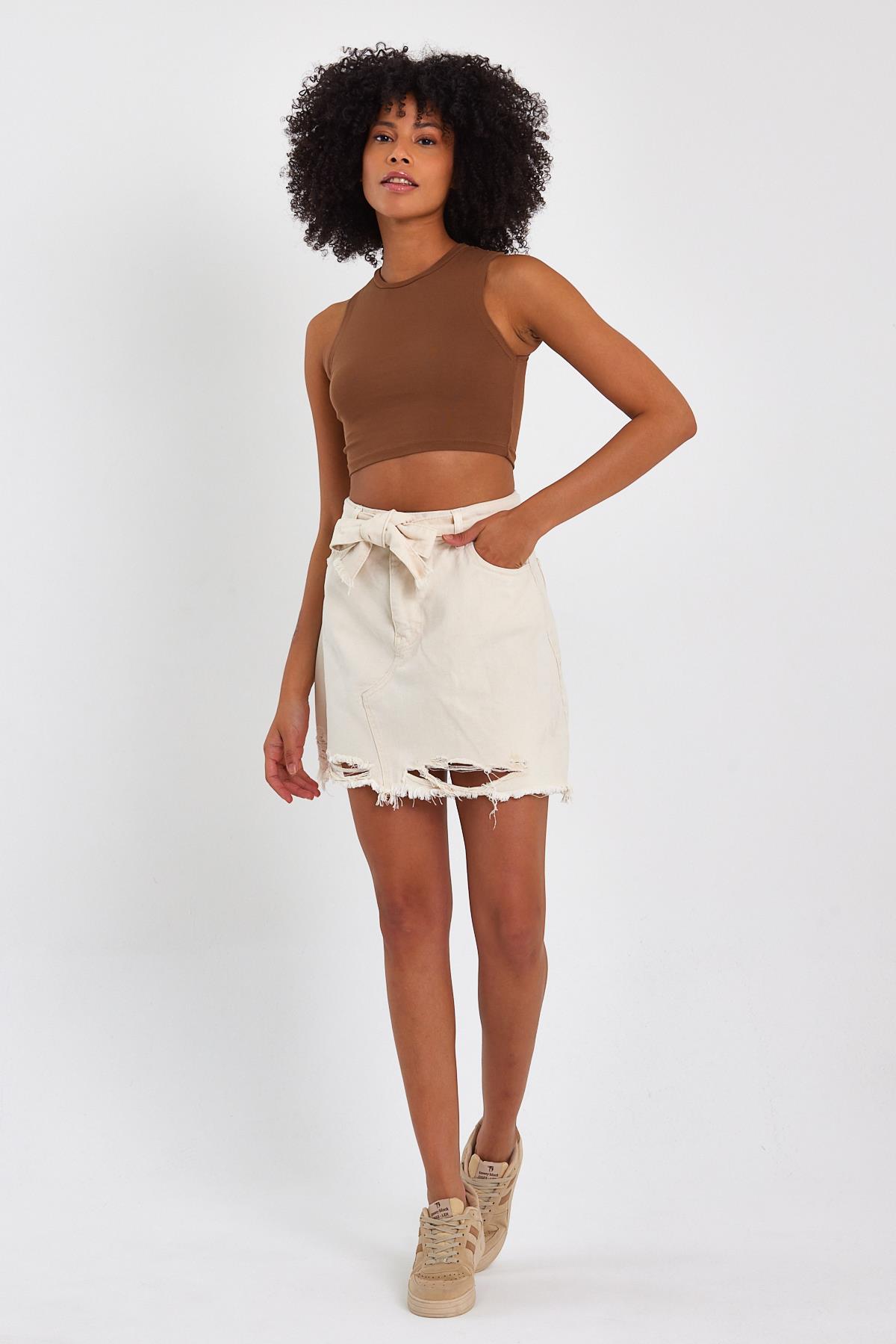 ÖZEL KOLEKSİYON KUŞAKLI DENIM ETEK