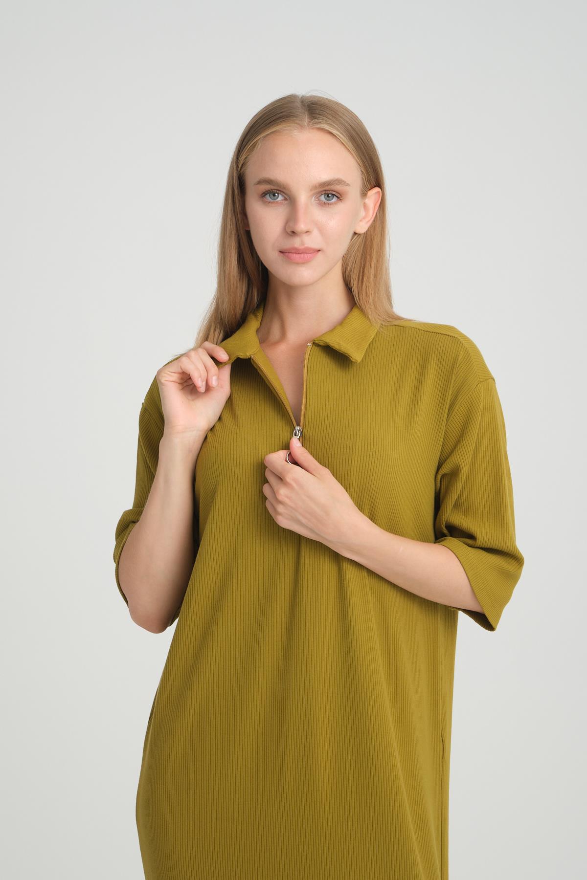 FİTİLLİ FERMUAR DETAYLI GÖMLEK YAKA ELBİSE