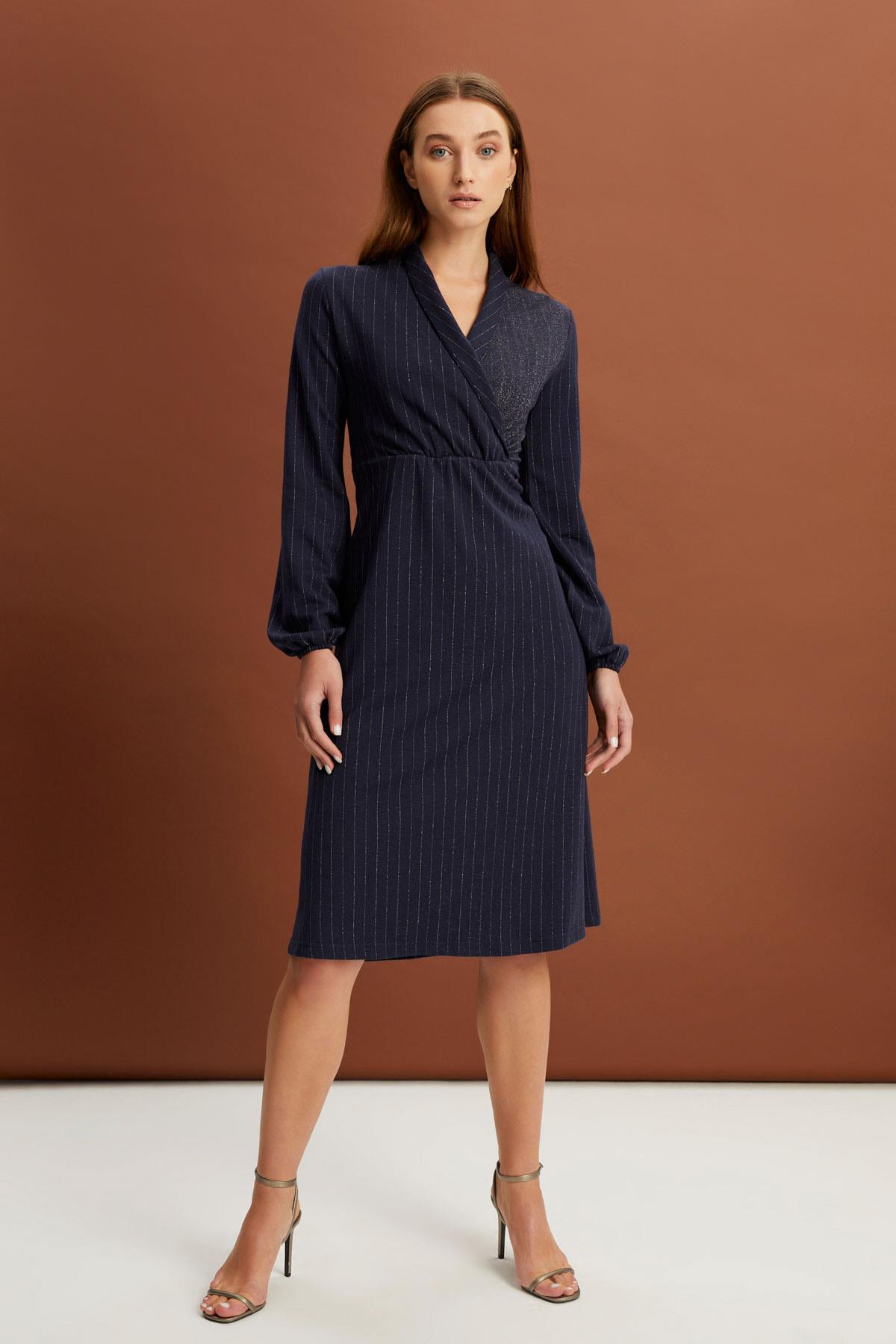 ŞAL KRUVAZE YAKA PIRILTILI ELBİSE